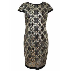 NWOT Vince Camuto Black Gold Diamond Sequin Pattern Cap Sleeve Sheath Dress